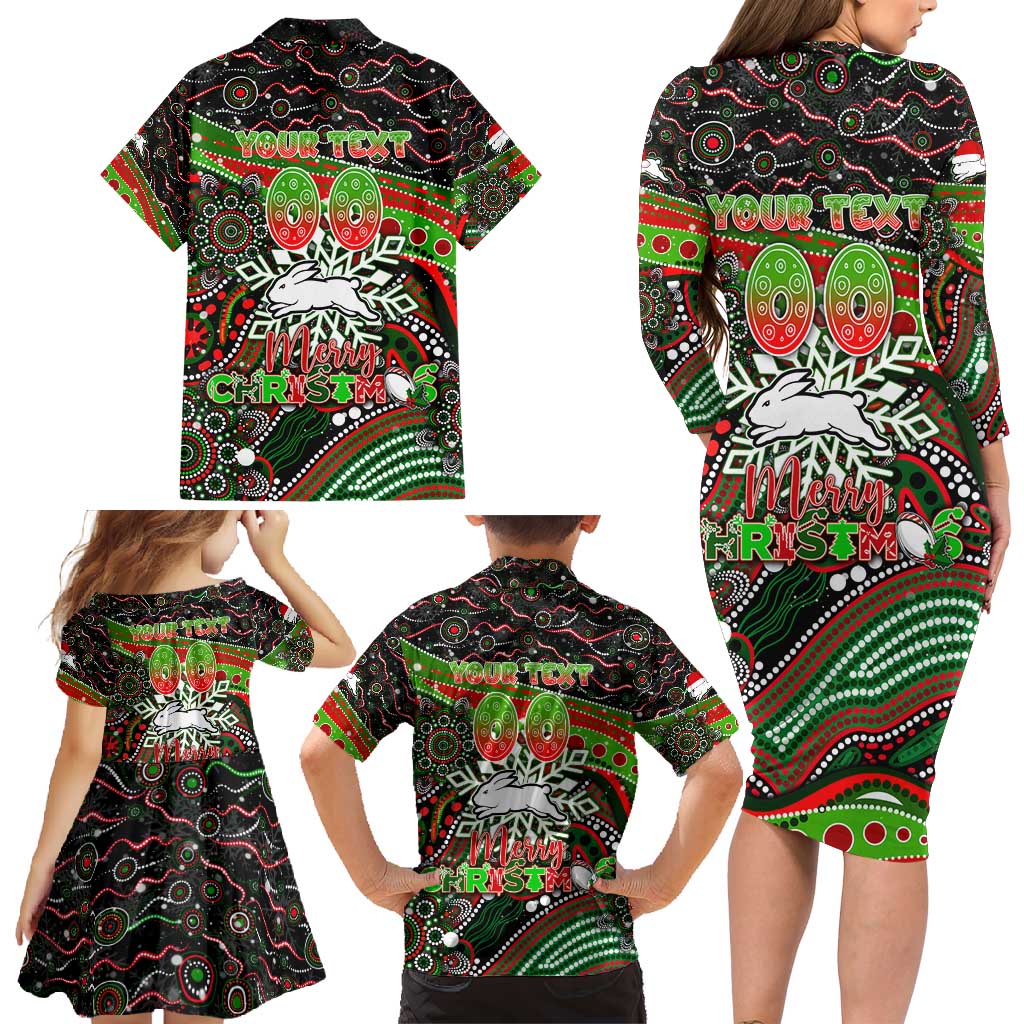 Merry Christmas Rabbitohs Family Matching Long Sleeve Bodycon Dress and Hawaiian Shirt Aboriginal Santa Rugby Mascot - South Sydney Bunnies