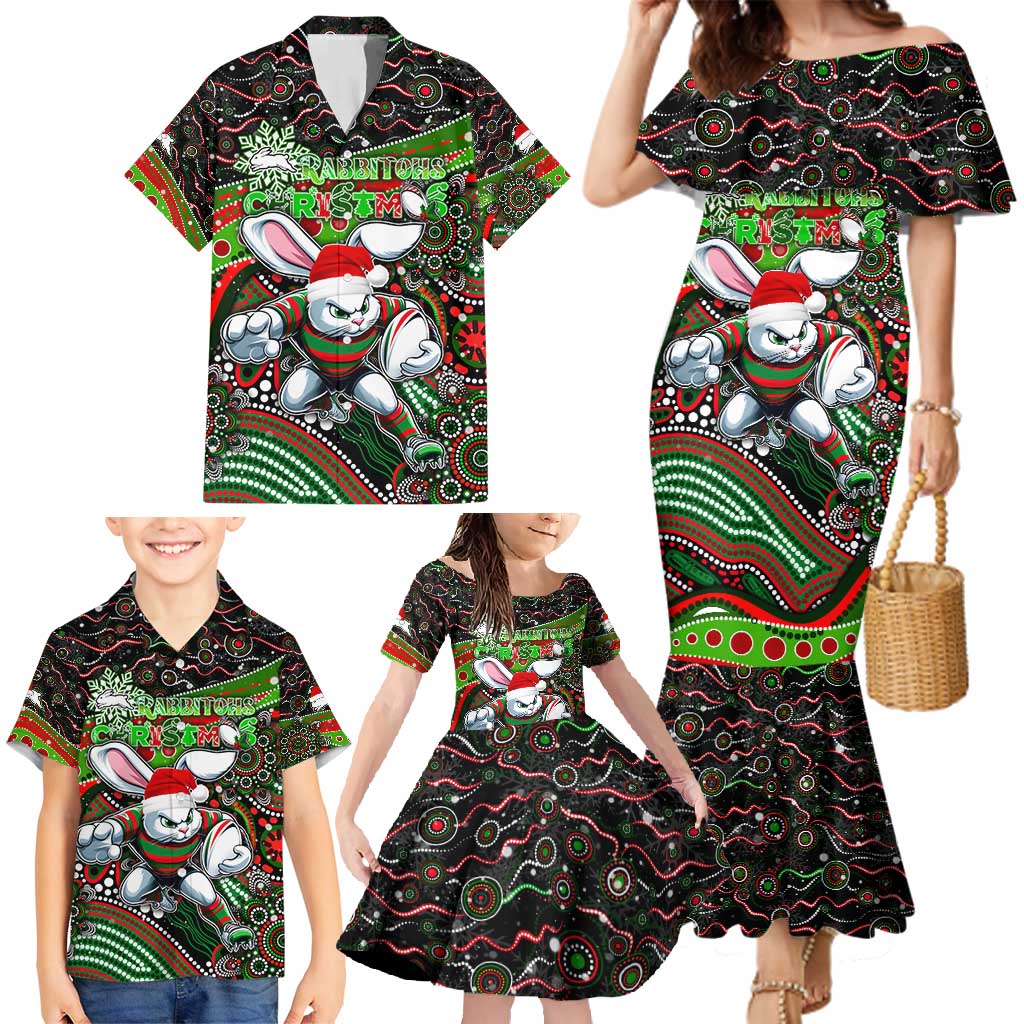 Merry Christmas Rabbitohs Family Matching Mermaid Dress and Hawaiian Shirt Aboriginal Santa Rugby Mascot - South Sydney Bunnies