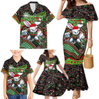 Merry Christmas Rabbitohs Family Matching Mermaid Dress and Hawaiian Shirt Aboriginal Santa Rugby Mascot - South Sydney Bunnies