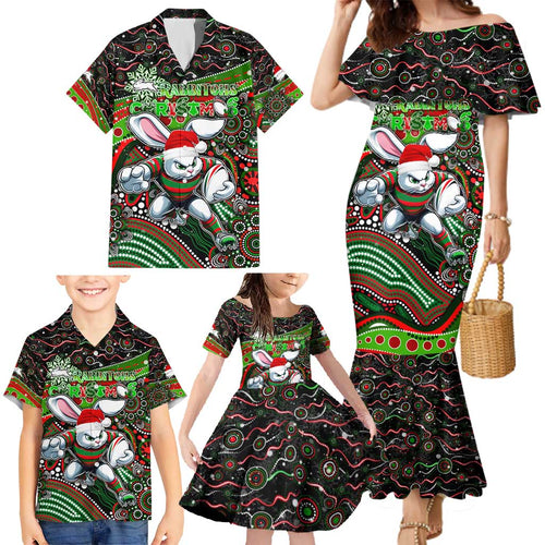 Merry Christmas Rabbitohs Family Matching Mermaid Dress and Hawaiian Shirt Aboriginal Santa Rugby Mascot - South Sydney Bunnies