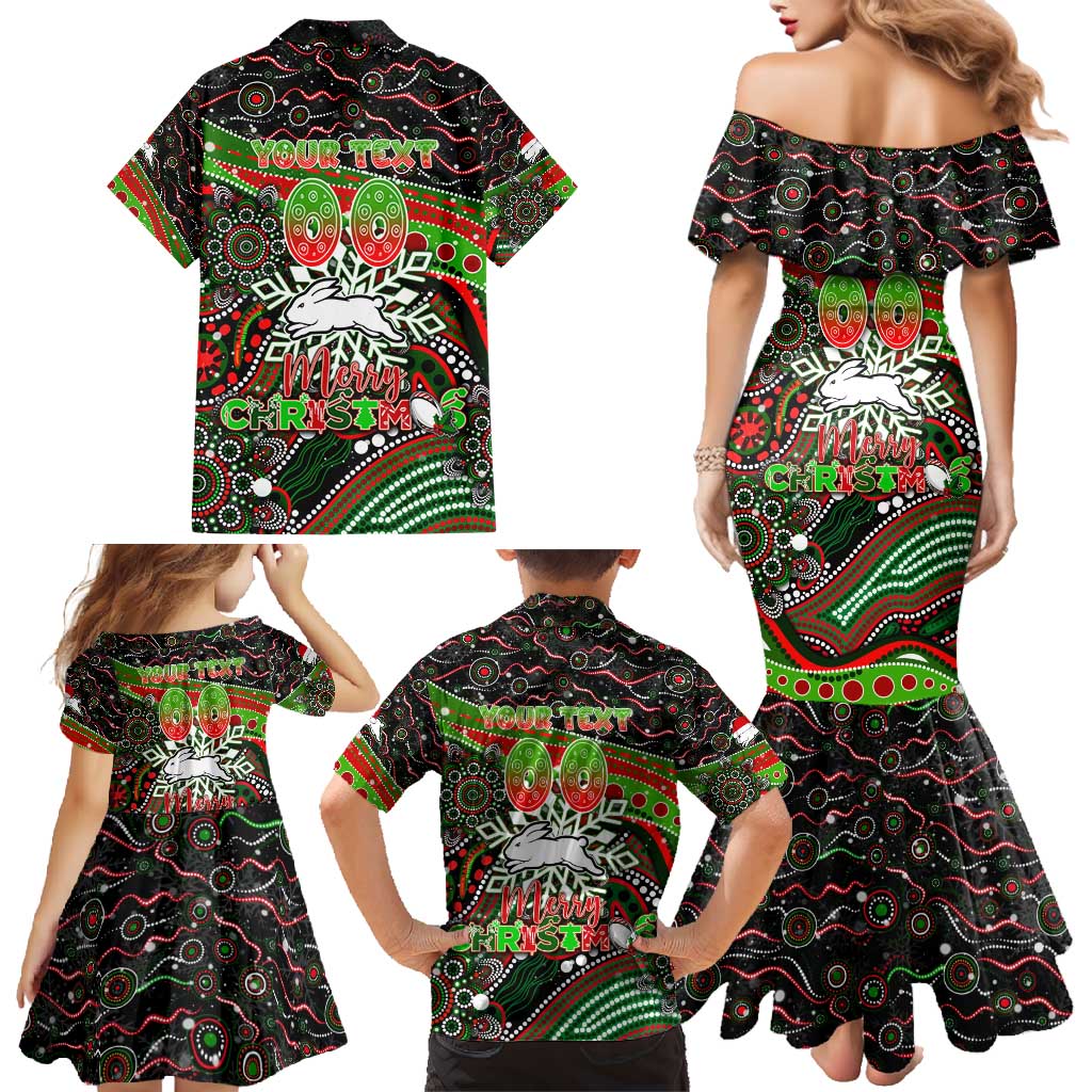 Merry Christmas Rabbitohs Family Matching Mermaid Dress and Hawaiian Shirt Aboriginal Santa Rugby Mascot - South Sydney Bunnies