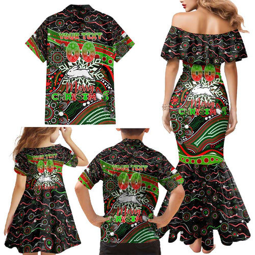 Merry Christmas Rabbitohs Family Matching Mermaid Dress and Hawaiian Shirt Aboriginal Santa Rugby Mascot - South Sydney Bunnies