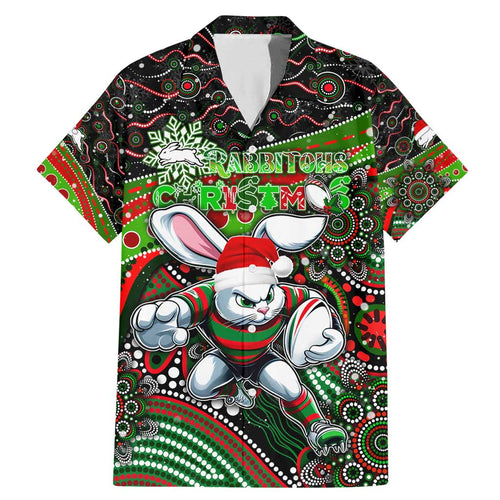 Merry Christmas Rabbitohs Family Matching Mermaid Dress and Hawaiian Shirt Aboriginal Santa Rugby Mascot - South Sydney Bunnies