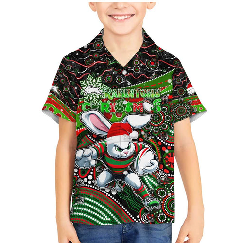 Merry Christmas Rabbitohs Family Matching Mermaid Dress and Hawaiian Shirt Aboriginal Santa Rugby Mascot - South Sydney Bunnies