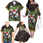 Merry Christmas Rabbitohs Family Matching Off The Shoulder Long Sleeve Dress and Hawaiian Shirt Aboriginal Santa Rugby Mascot - South Sydney Bunnies