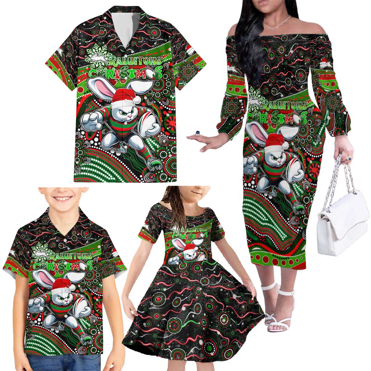 Merry Christmas Rabbitohs Family Matching Off The Shoulder Long Sleeve Dress and Hawaiian Shirt Aboriginal Santa Rugby Mascot - South Sydney Bunnies