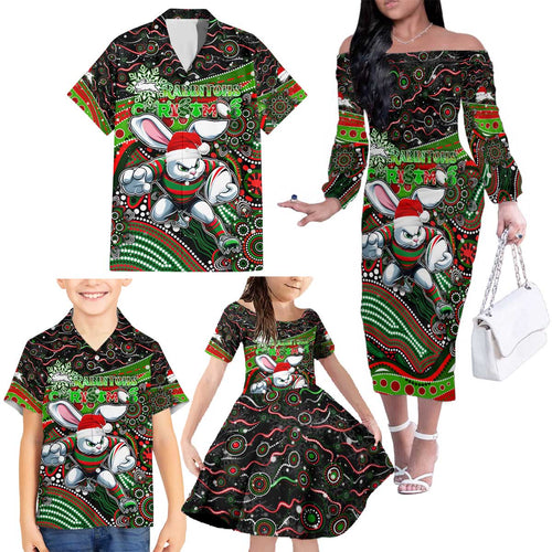 Merry Christmas Rabbitohs Family Matching Off The Shoulder Long Sleeve Dress and Hawaiian Shirt Aboriginal Santa Rugby Mascot - South Sydney Bunnies