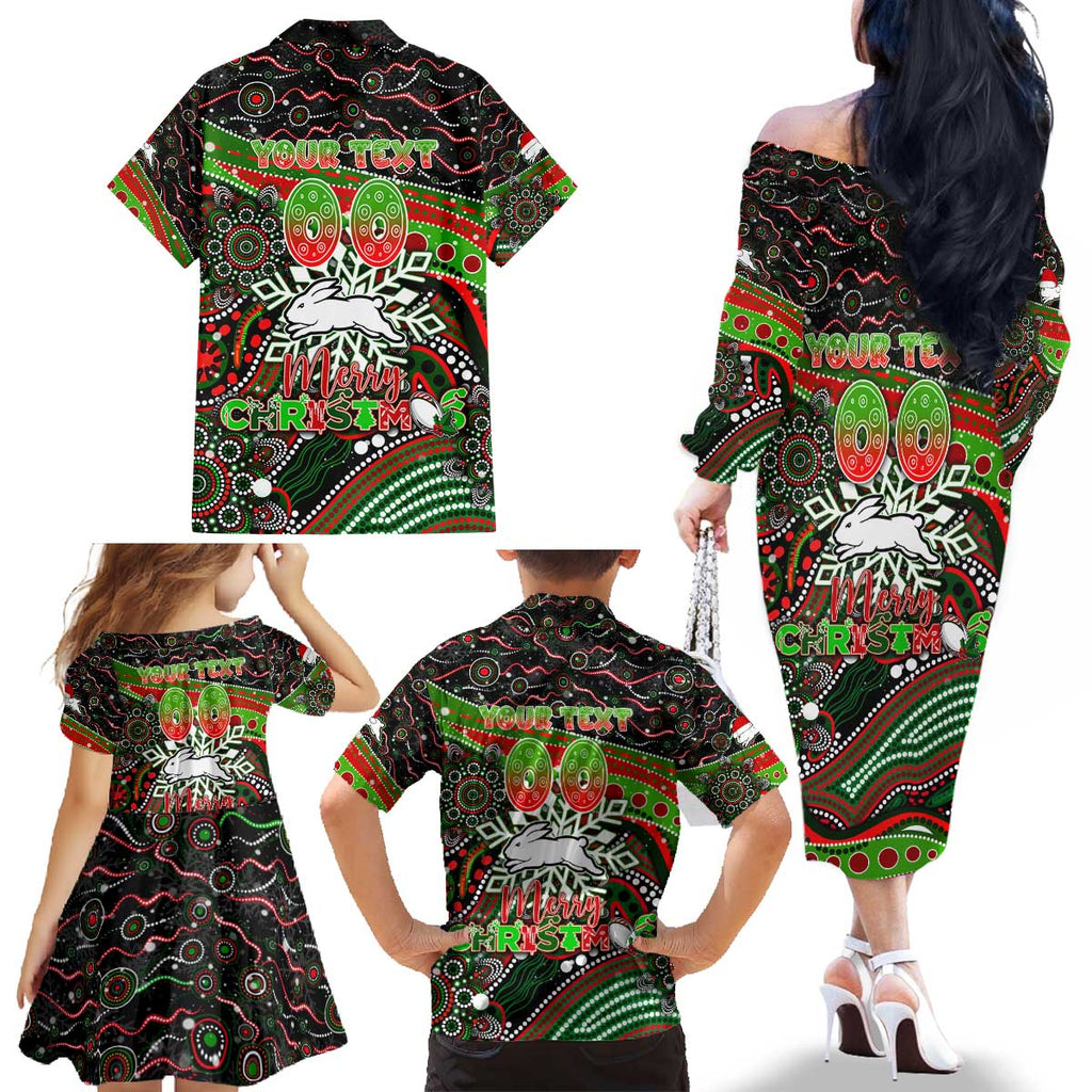 Merry Christmas Rabbitohs Family Matching Off The Shoulder Long Sleeve Dress and Hawaiian Shirt Aboriginal Santa Rugby Mascot - South Sydney Bunnies
