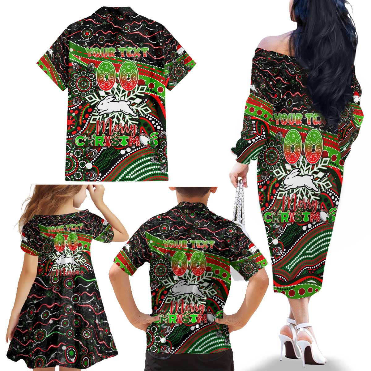 Merry Christmas Rabbitohs Family Matching Off The Shoulder Long Sleeve Dress and Hawaiian Shirt Aboriginal Santa Rugby Mascot - South Sydney Bunnies