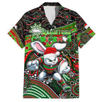 Merry Christmas Rabbitohs Family Matching Off The Shoulder Long Sleeve Dress and Hawaiian Shirt Aboriginal Santa Rugby Mascot - South Sydney Bunnies