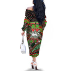 Merry Christmas Rabbitohs Family Matching Off The Shoulder Long Sleeve Dress and Hawaiian Shirt Aboriginal Santa Rugby Mascot - South Sydney Bunnies