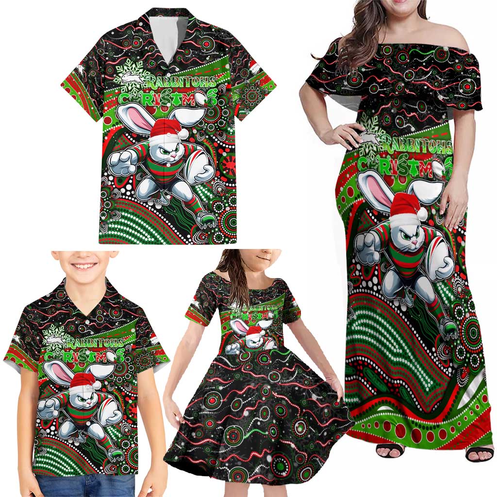 Merry Christmas Rabbitohs Family Matching Off Shoulder Maxi Dress and Hawaiian Shirt Aboriginal Santa Rugby Mascot - South Sydney Bunnies