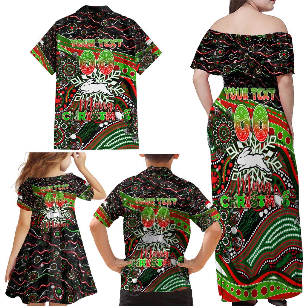 Merry Christmas Rabbitohs Family Matching Off Shoulder Maxi Dress and Hawaiian Shirt Aboriginal Santa Rugby Mascot - South Sydney Bunnies