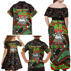 Merry Christmas Rabbitohs Family Matching Off Shoulder Maxi Dress and Hawaiian Shirt Aboriginal Santa Rugby Mascot - South Sydney Bunnies