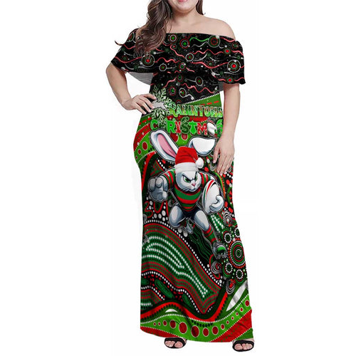 Merry Christmas Rabbitohs Family Matching Off Shoulder Maxi Dress and Hawaiian Shirt Aboriginal Santa Rugby Mascot - South Sydney Bunnies