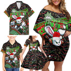 Merry Christmas Rabbitohs Family Matching Off Shoulder Short Dress and Hawaiian Shirt Aboriginal Santa Rugby Mascot - South Sydney Bunnies