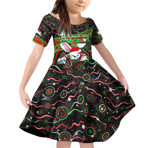 Merry Christmas Rabbitohs Family Matching Off Shoulder Short Dress and Hawaiian Shirt Aboriginal Santa Rugby Mascot - South Sydney Bunnies