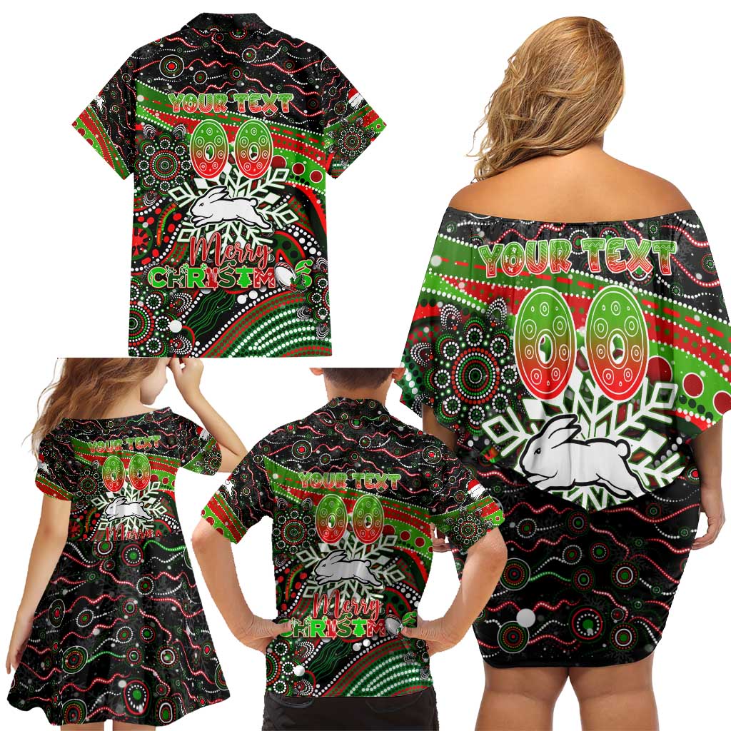 Merry Christmas Rabbitohs Family Matching Off Shoulder Short Dress and Hawaiian Shirt Aboriginal Santa Rugby Mascot - South Sydney Bunnies