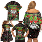 Merry Christmas Rabbitohs Family Matching Off Shoulder Short Dress and Hawaiian Shirt Aboriginal Santa Rugby Mascot - South Sydney Bunnies