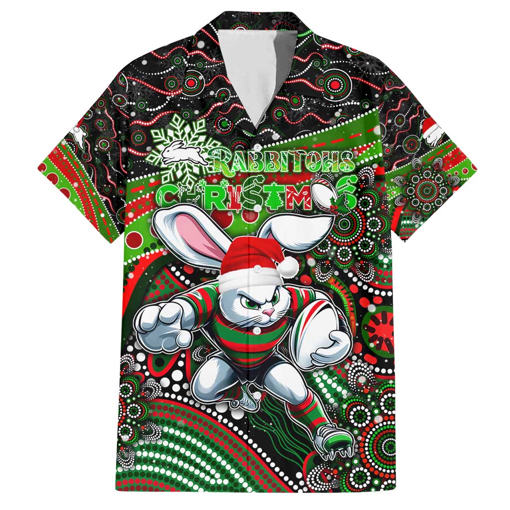 Merry Christmas Rabbitohs Family Matching Off Shoulder Short Dress and Hawaiian Shirt Aboriginal Santa Rugby Mascot - South Sydney Bunnies