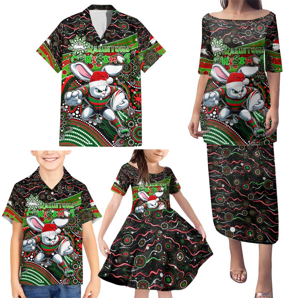 Merry Christmas Rabbitohs Family Matching Puletasi and Hawaiian Shirt Aboriginal Santa Rugby Mascot - South Sydney Bunnies