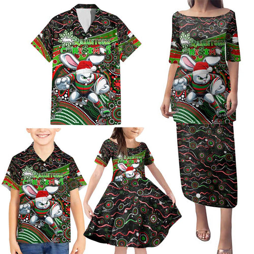 Merry Christmas Rabbitohs Family Matching Puletasi and Hawaiian Shirt Aboriginal Santa Rugby Mascot - South Sydney Bunnies