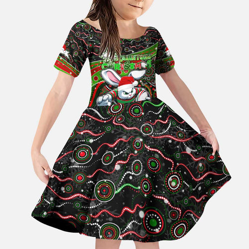 Merry Christmas Rabbitohs Family Matching Puletasi and Hawaiian Shirt Aboriginal Santa Rugby Mascot - South Sydney Bunnies