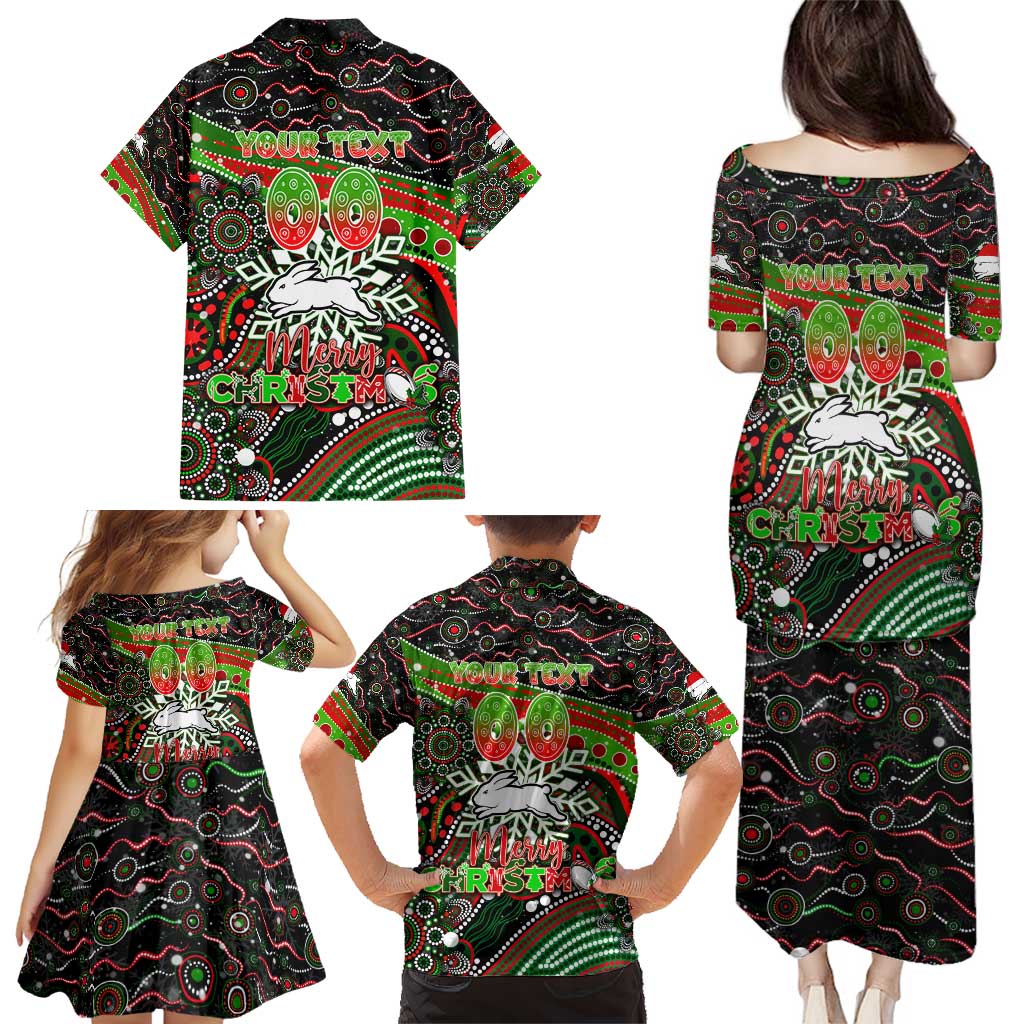 Merry Christmas Rabbitohs Family Matching Puletasi and Hawaiian Shirt Aboriginal Santa Rugby Mascot - South Sydney Bunnies