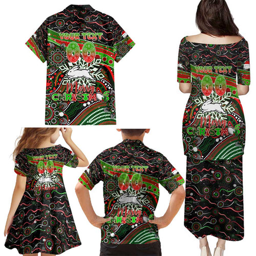Merry Christmas Rabbitohs Family Matching Puletasi and Hawaiian Shirt Aboriginal Santa Rugby Mascot - South Sydney Bunnies