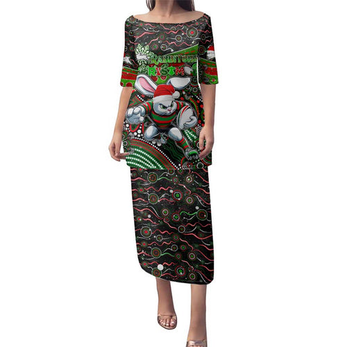 Merry Christmas Rabbitohs Family Matching Puletasi and Hawaiian Shirt Aboriginal Santa Rugby Mascot - South Sydney Bunnies