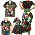 Merry Christmas Rabbitohs Family Matching Short Sleeve Bodycon Dress and Hawaiian Shirt Aboriginal Santa Rugby Mascot - South Sydney Bunnies
