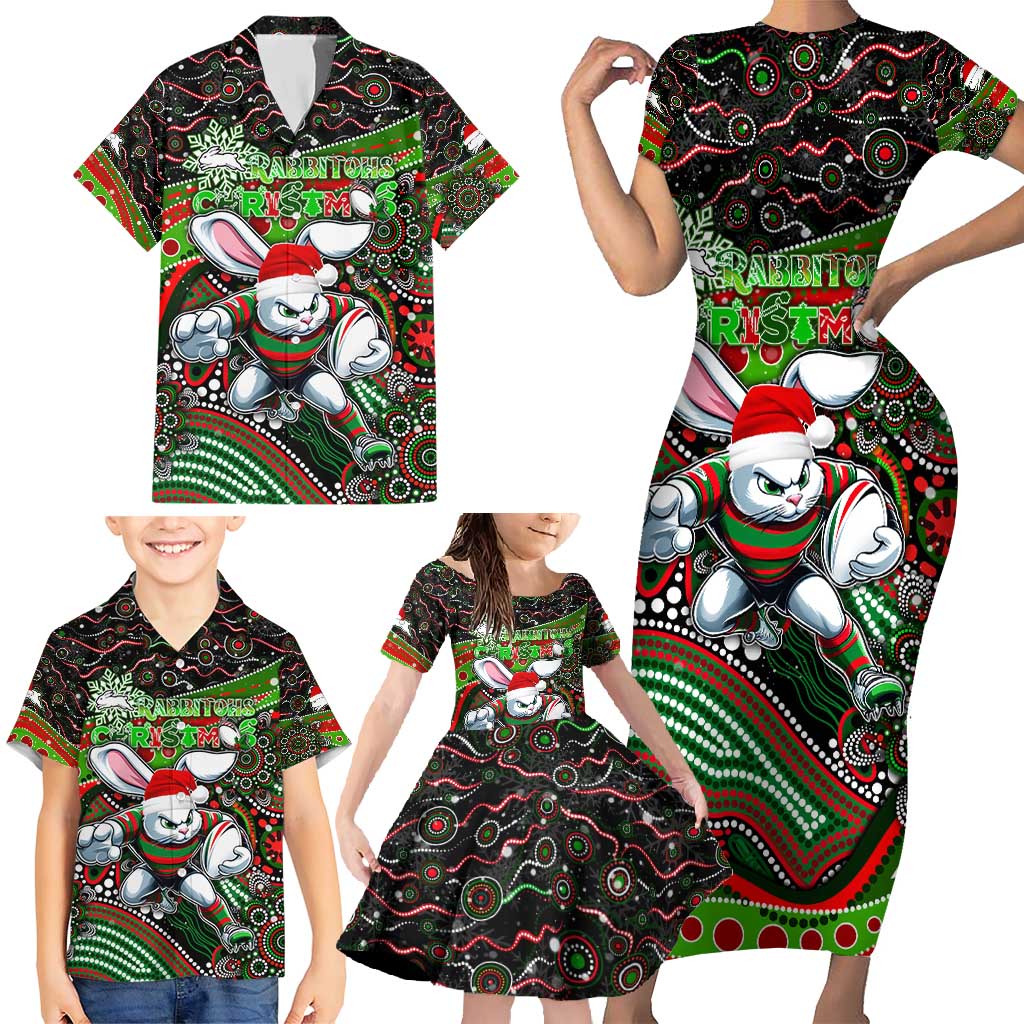 Merry Christmas Rabbitohs Family Matching Short Sleeve Bodycon Dress and Hawaiian Shirt Aboriginal Santa Rugby Mascot - South Sydney Bunnies