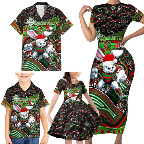 Merry Christmas Rabbitohs Family Matching Short Sleeve Bodycon Dress and Hawaiian Shirt Aboriginal Santa Rugby Mascot - South Sydney Bunnies