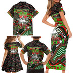 Merry Christmas Rabbitohs Family Matching Short Sleeve Bodycon Dress and Hawaiian Shirt Aboriginal Santa Rugby Mascot - South Sydney Bunnies