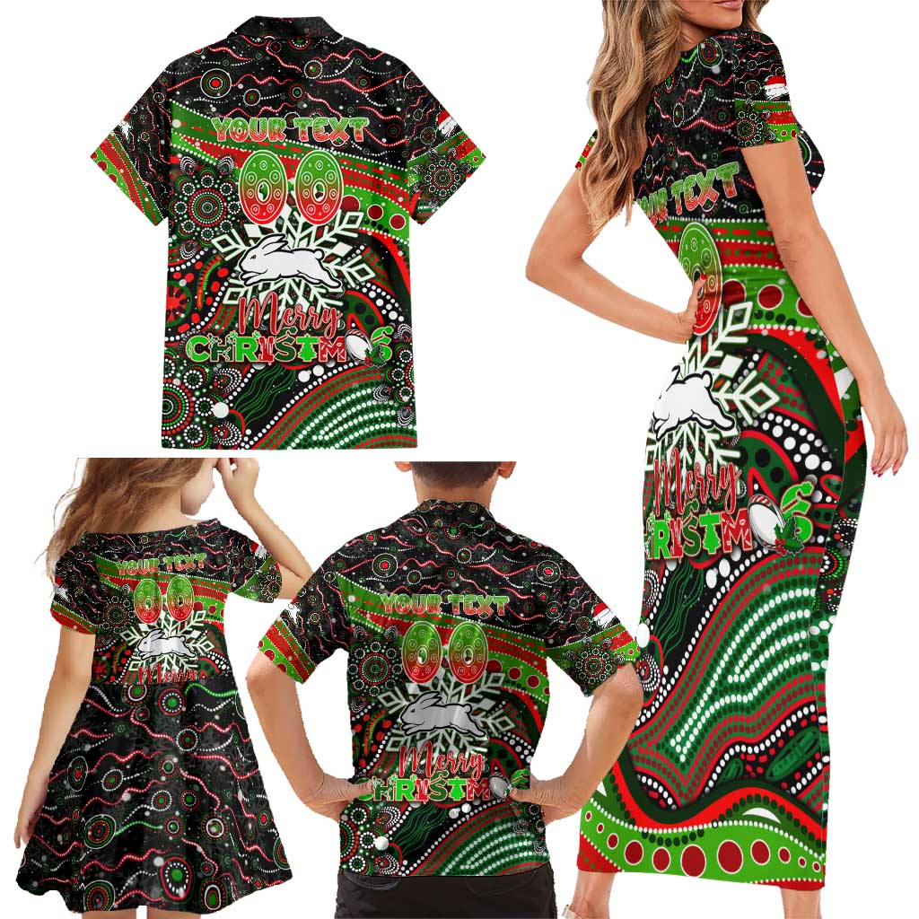 Merry Christmas Rabbitohs Family Matching Short Sleeve Bodycon Dress and Hawaiian Shirt Aboriginal Santa Rugby Mascot - South Sydney Bunnies