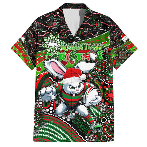 Merry Christmas Rabbitohs Family Matching Short Sleeve Bodycon Dress and Hawaiian Shirt Aboriginal Santa Rugby Mascot - South Sydney Bunnies