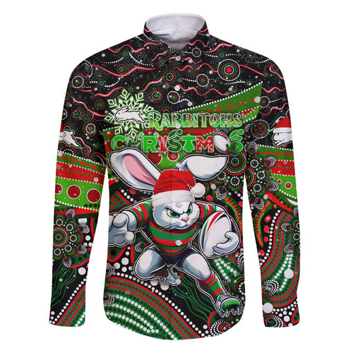 Merry Christmas Rabbitohs Family Matching Short Sleeve Bodycon Dress and Hawaiian Shirt Aboriginal Santa Rugby Mascot - South Sydney Bunnies