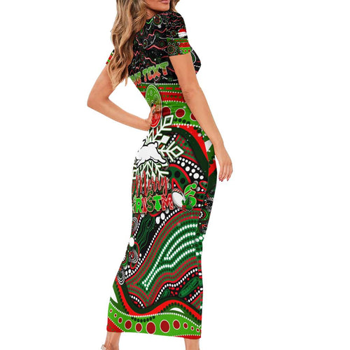 Merry Christmas Rabbitohs Family Matching Short Sleeve Bodycon Dress and Hawaiian Shirt Aboriginal Santa Rugby Mascot - South Sydney Bunnies