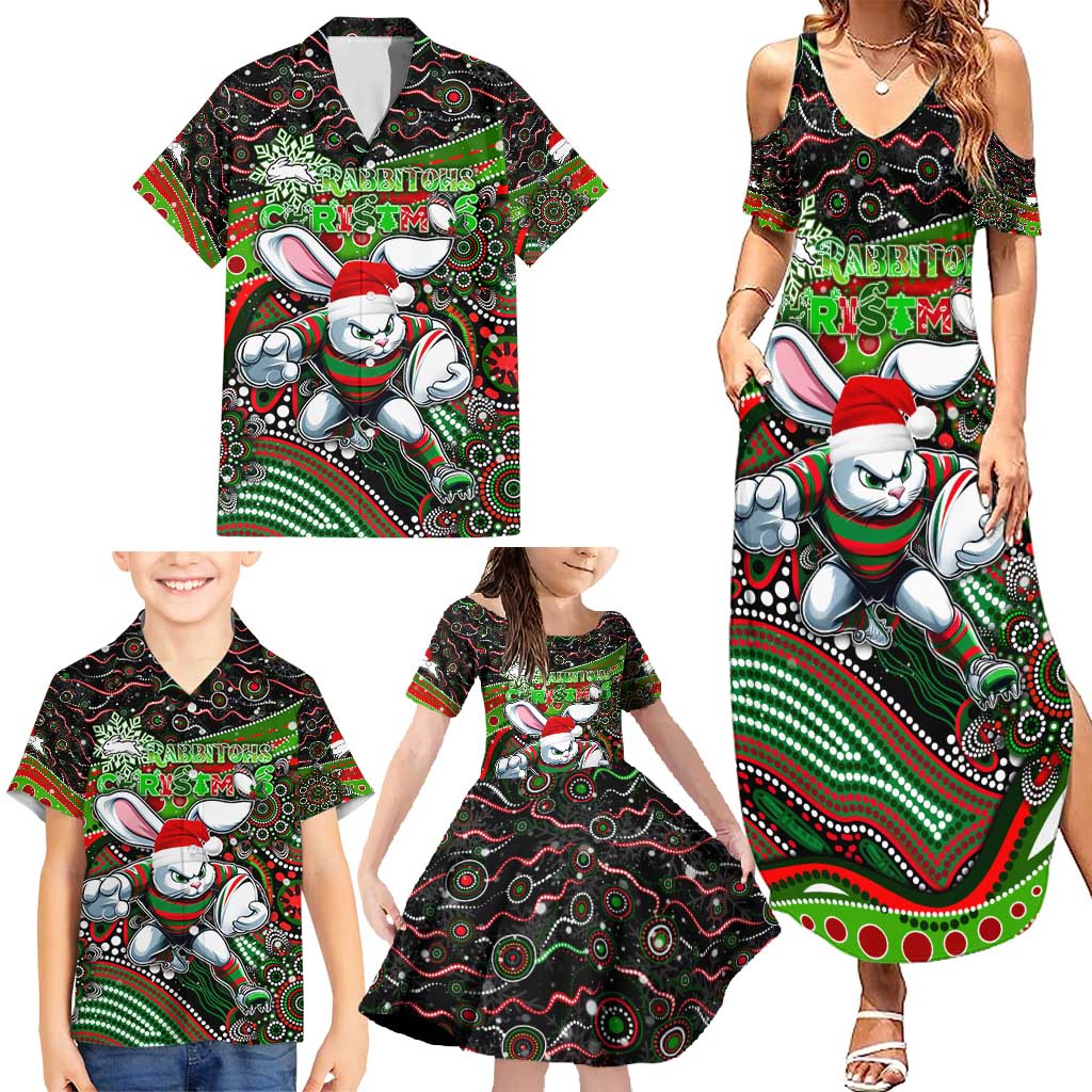 Merry Christmas Rabbitohs Family Matching Summer Maxi Dress and Hawaiian Shirt Aboriginal Santa Rugby Mascot - South Sydney Bunnies