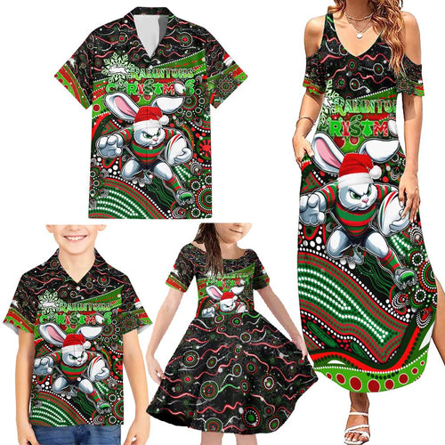 Merry Christmas Rabbitohs Family Matching Summer Maxi Dress and Hawaiian Shirt Aboriginal Santa Rugby Mascot - South Sydney Bunnies