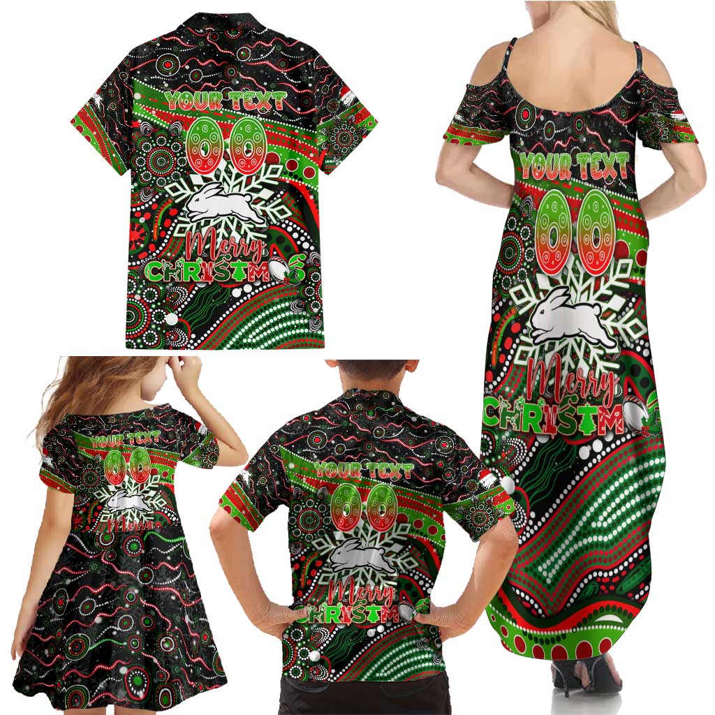 Merry Christmas Rabbitohs Family Matching Summer Maxi Dress and Hawaiian Shirt Aboriginal Santa Rugby Mascot - South Sydney Bunnies