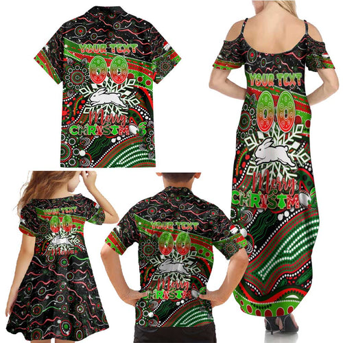 Merry Christmas Rabbitohs Family Matching Summer Maxi Dress and Hawaiian Shirt Aboriginal Santa Rugby Mascot - South Sydney Bunnies