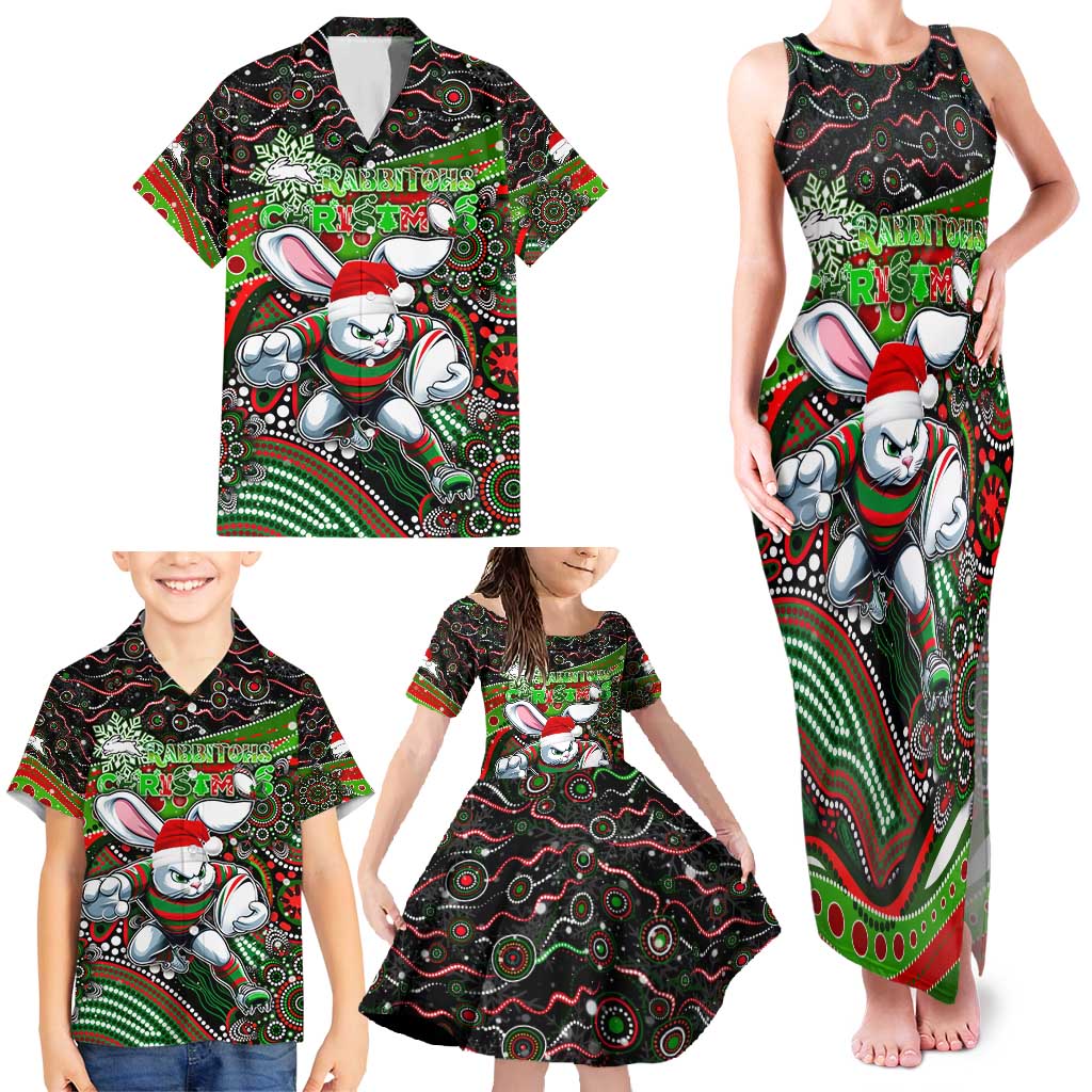 Merry Christmas Rabbitohs Family Matching Tank Maxi Dress and Hawaiian Shirt Aboriginal Santa Rugby Mascot - South Sydney Bunnies