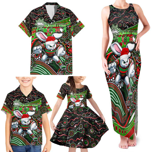 Merry Christmas Rabbitohs Family Matching Tank Maxi Dress and Hawaiian Shirt Aboriginal Santa Rugby Mascot - South Sydney Bunnies