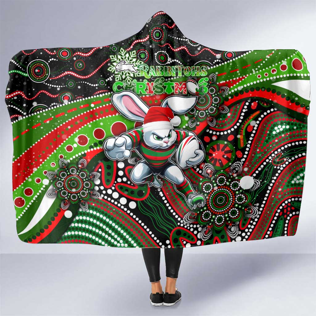 Merry Christmas Rabbitohs Hooded Blanket Aboriginal Santa Rugby Mascot - South Sydney Bunnies