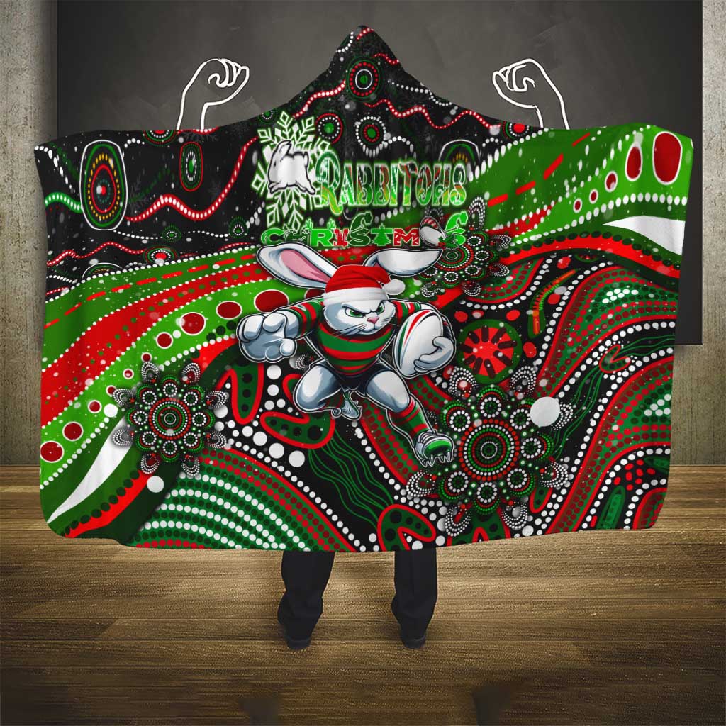 Merry Christmas Rabbitohs Hooded Blanket Aboriginal Santa Rugby Mascot - South Sydney Bunnies