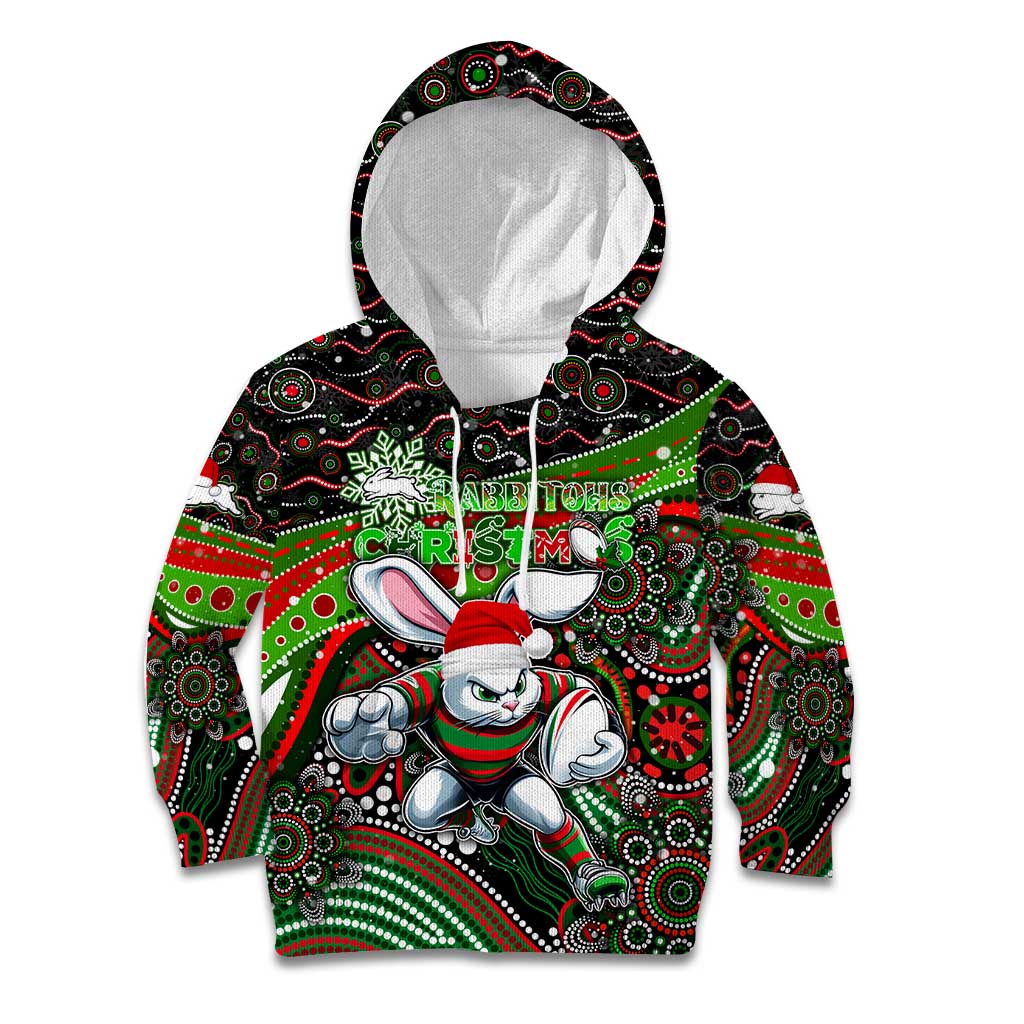 Merry Christmas Rabbitohs Kid Hoodie Aboriginal Santa Rugby Mascot - South Sydney Bunnies