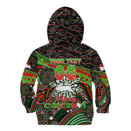 Merry Christmas Rabbitohs Kid Hoodie Aboriginal Santa Rugby Mascot - South Sydney Bunnies