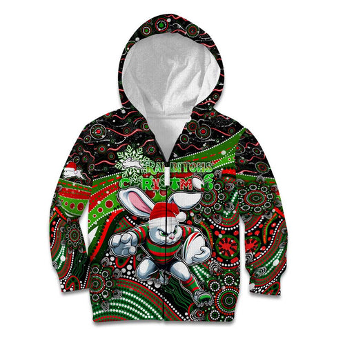 Merry Christmas Rabbitohs Kid Hoodie Aboriginal Santa Rugby Mascot - South Sydney Bunnies
