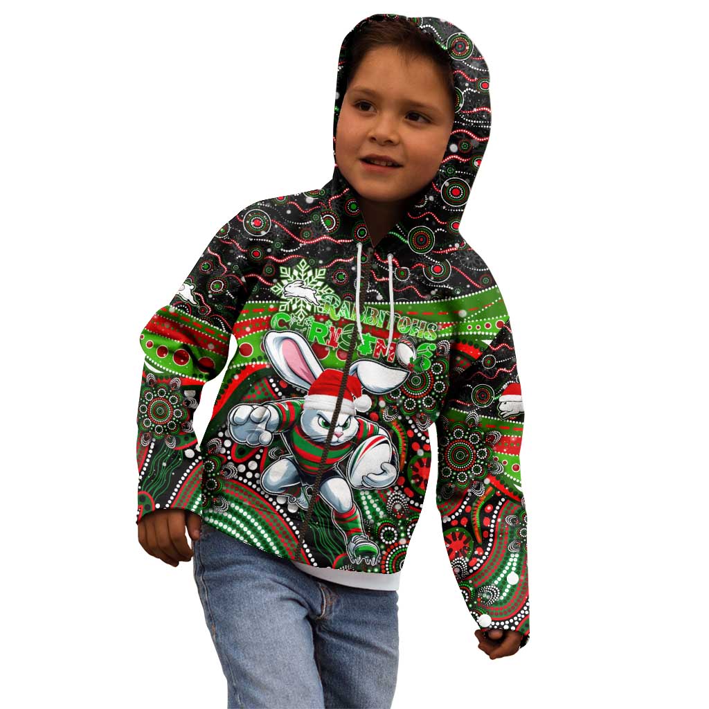 Merry Christmas Rabbitohs Kid Hoodie Aboriginal Santa Rugby Mascot - South Sydney Bunnies